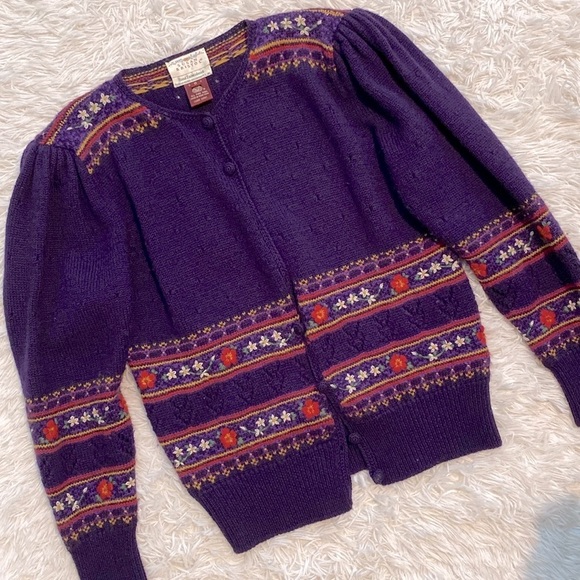 Susan Bristol vintage wool deepPurple and strawberry blossom Cardigan Sweater - Picture 1 of 15